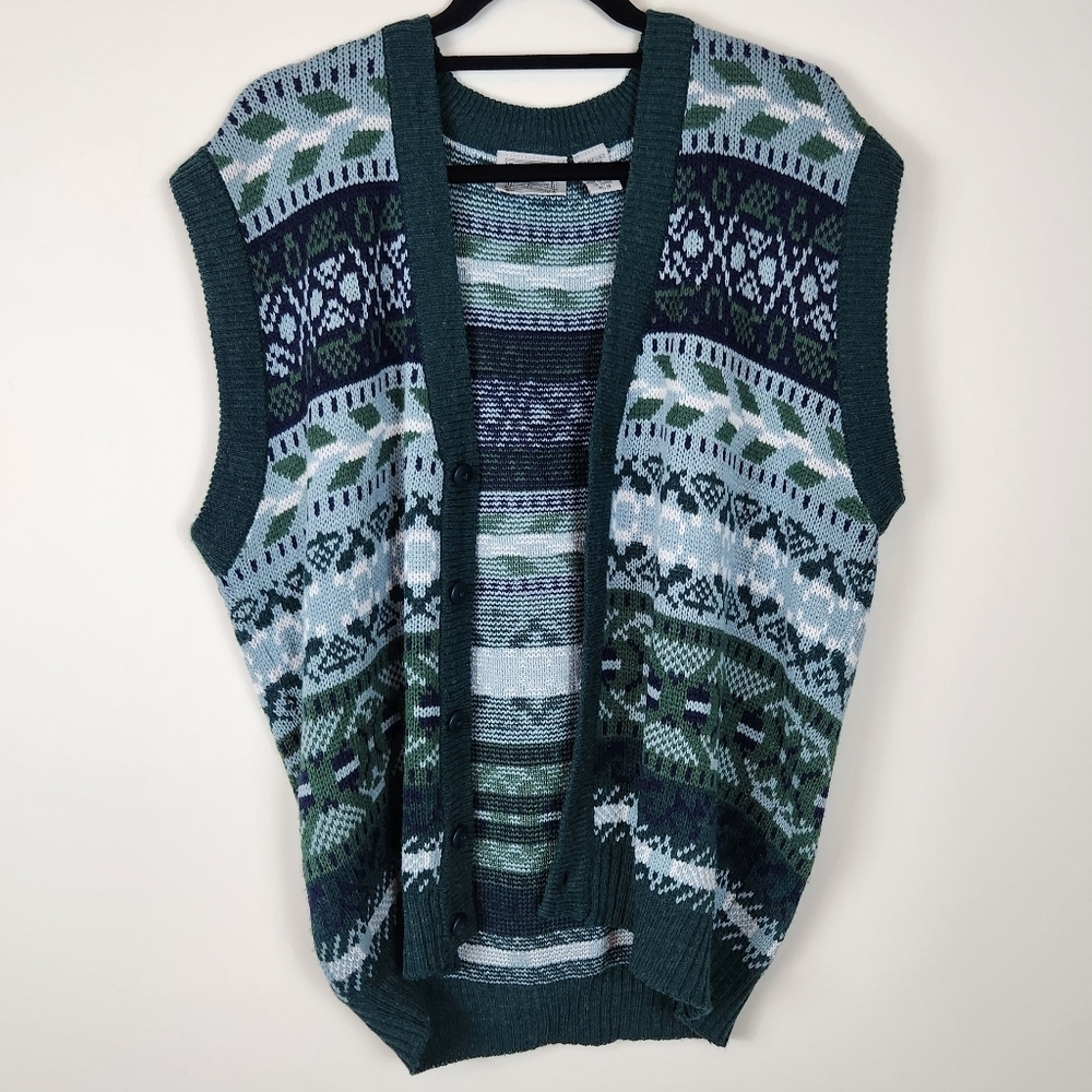 Estate Vintage 90s Sweater Vest Button Front Cardigan Geometric Print Size M - Picture 2 of 10